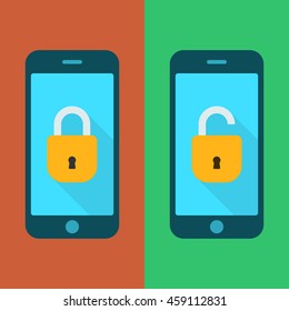 Seguridad móvil - concepto vectorial. Teléfono bloqueado y desbloqueado. Teléfono inteligente, bloqueo cerrado y abierto aislado en segundo plano