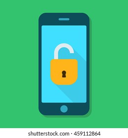 Mobile security - vector concept. Unlocked phone. Smartphone and open lock isolated on background.
