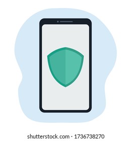 Mobile security vector. Cyber security concept. Data protection, antivirus. Smartphone screen. Flat design on white background.