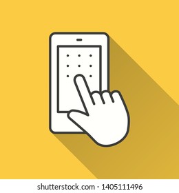 Mobile security vector icon with long shadow. Simple illustration isolated on yellow background for graphic and web design.