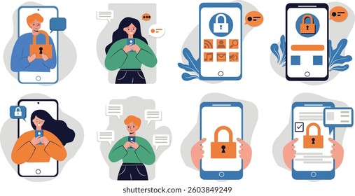 Mobile security vector icon set. Smartphone security, data privacy design, vector illustration