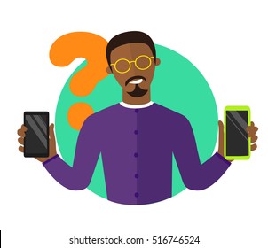 Mobile selection flat design illustration, black man choosing smartphone, isolated vector sign, synchronization icon