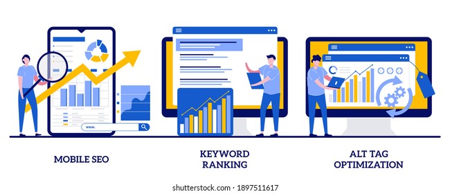 Mobile SEO agency, keyword ranking, alt tag optimization concept with tiny people. Search engine marketing abstract vector illustration set. Website ranking, page navigation metaphor.