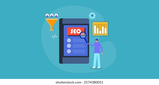 Mobile SEO concept, Search engine optimization for Mobile, Mobile marketing, Conversion SEO - vector illustration background with characters