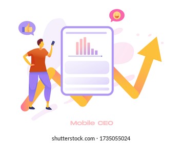 Mobile SEO icon for search engine optimization service. Market analytics, customer feedback analysis. Local SEO, reputation management, mobile SEO metaphors.Vector flat 3d style design illustration.