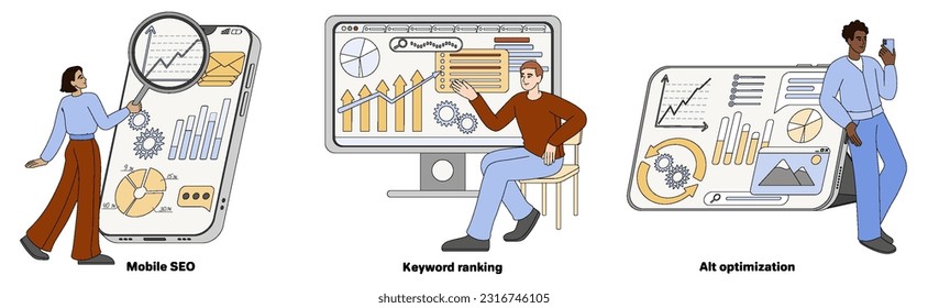 Mobile SEO, keyword ranking and alt optimization concept with working people, computer, phone, laptop. Analytics with keys, growth charts. Internet marketing agency with magnifier and graphs on screen