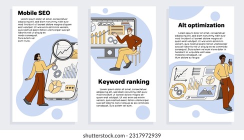 Mobile SEO, keyword ranking and alt optimization stories flat design. Set of banner templates with analytics of keys and growth charts. Internet marketing agency with magnifier and graphs on screen.