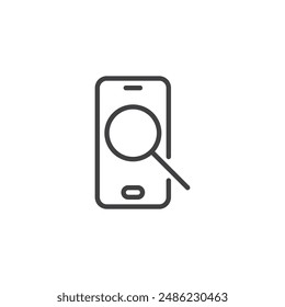 Mobile SEO line icon. linear style sign for mobile concept and web design. Smartphone with a magnifying glass outline vector icon. Symbol, logo illustration. Vector graphics