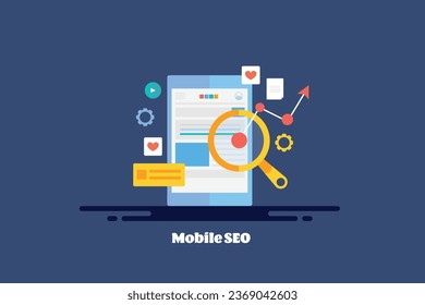 Mobile SEO marketing, SEO optimization for mobile website, SEO analytics for mobile SEO - vector illustration background with icons