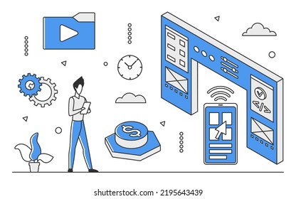 Mobile seo marketing. Smartphone search optimization, digital media vector monocolor illustration