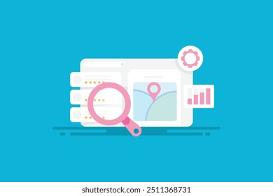 Otimização de SEO móvel, Resultado de pesquisa com base em Mobile, Mapas na tela móvel, Otimização de SEO - fundo de ilustração vetorial com ícones