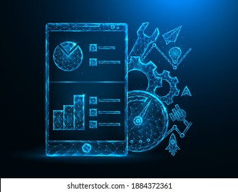 Mobile SEO optimization low poly art. Phone, gears, speedometer, service, communication and analytics polygonal vector illustrations on a blue background.