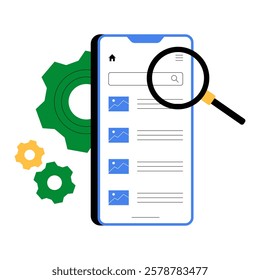 Mobile Seo Optimization With Search Results And Magnifying Glass In Flat Vector Illustration Symbolizing Website Analysis And Search Engine Ranking, Isolated On White Background