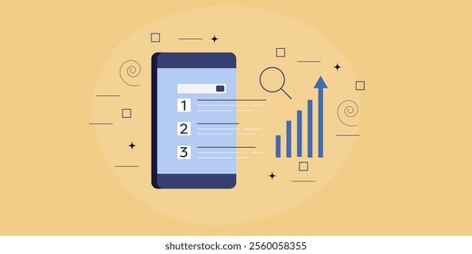 Mobile SEO optimization, SEO tool for mobile search optimization, SEO mobile data analytics, SEO traffic growth - vector illustration background with icons