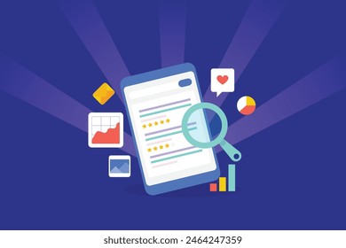 Mobile SEO optimization, Website ranking for Mobile search, SEO analysis and report, Browsing search results on mobile screen - vector illustration with icons