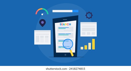 Mobile SEO, optimizing website for higher search ranking on mobile search, search engine result page on mobile device - vector illustration banner with icons