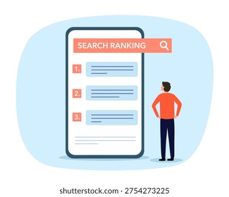 Mobile SEO Ranking concept. Improve search engine ranking with content, targeted keywords, authoritative backlinks, optimized user behavior. SEO techniques for top search engine results