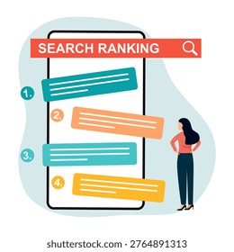 Mobile SEO Ranking concept. Improve search engine ranking with content, targeted keywords, authoritative backlinks, optimized user behavior. SEO techniques for top search engine results