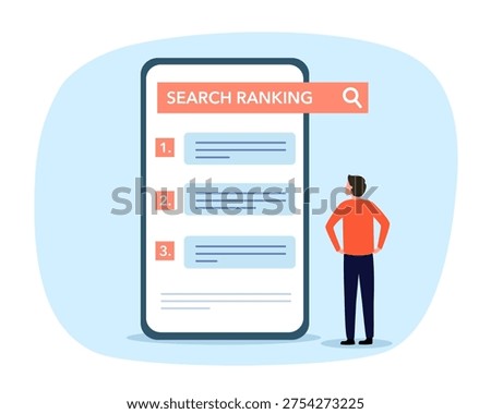 Mobile SEO Ranking concept. Improve search engine ranking with content, targeted keywords, authoritative backlinks, optimized user behavior. SEO techniques for top search engine results