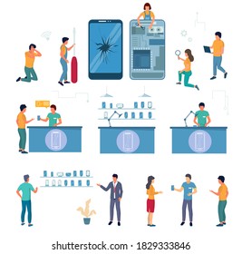 Mobile service center, electronics repair shop cartoon character set, flat vector isolated illustration. Repairman, technician with tools changing broken screen, customers. Mobile phone repair service