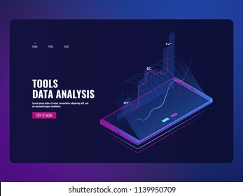 Mobile service data analysis and information statistic, financial report, online bank icon isometric vector illustration dark neon ultraviolet