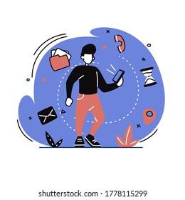 Mobile service design concept, abstract flat vector illustration with character. Bright, colorful template for presentation, web, advertisement, banner.