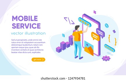 Mobile service design concept, flat isometric vector illustration with character. Bright, colorful template for presentation, web, advertisement, banner.