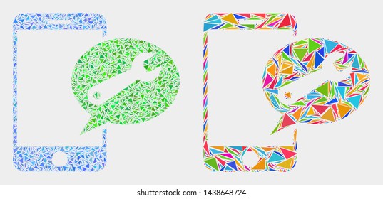 Mobile service message mosaic icon of triangle elements which have various sizes and shapes and colors. Geometric abstract vector illustration of mobile service message.