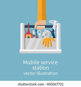 Mobile service station auto. Service center concept. Auto mechanic with toolbox and spare parts for repair of cars. Call repairman to repair cars. Vector illustration flat design.