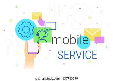 Mobile service and technical support on smartphone concept illustration. Human hand holds smart phone with app for settings maintenance and online feedback support. Creative promo banner