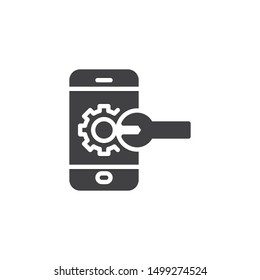 Mobile service vector icon. Smartphone with gear and wrench filled flat sign for mobile concept and web design. Phone repair glyph icon. Symbol, logo illustration. Vector graphics