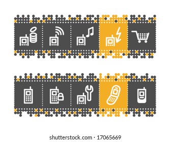 Mobile service web icons on grey and orange dots bar. Vector file has layers, all icons in two versions are included.