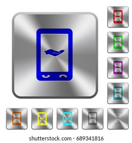 Mobile services engraved icons on rounded square glossy steel buttons