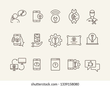 Mobile services line icon set. Smartphone, tablet, laptop, wrench, gear. Digital gadgets concept. Can be used for topics like communication, technical help, assistance