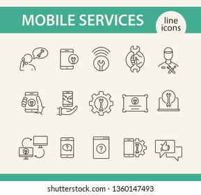Mobile services line icon set. Smartphone, tablet, laptop, wrench, gear. Digital gadgets concept. Can be used for topics like communication, technical help, assistance