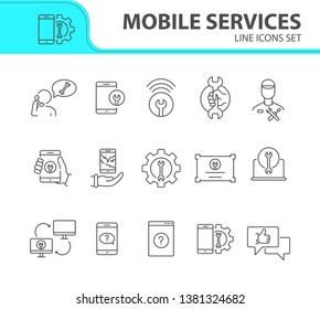 Mobile services line icon set. Smartphone, tablet, laptop, wrench, gear. Digital gadgets concept. Can be used for topics like communication, technical help, assistance