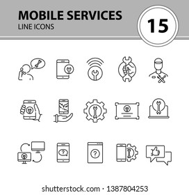 Mobile services line icon set. Smartphone, tablet, laptop, wrench, gear. Digital gadgets concept. Can be used for topics like communication, technical help, assistance