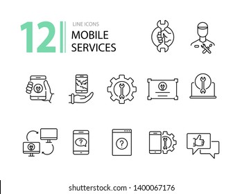 Mobile services line icon set. Smartphone, tablet, laptop, wrench, gear. Digital gadgets concept. Can be used for topics like communication, technical help, assistance