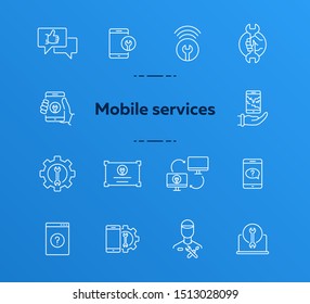 Mobile services line icon set. Smartphone, tablet, laptop, wrench, gear. Digital gadgets concept. Can be used for topics like communication, technical help, assistance