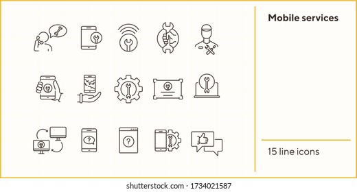 Mobile services line icon set. Smartphone, tablet, laptop, wrench, gear. Digital gadgets concept. Can be used for topics like communication, technical help, assistance