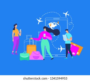 Mobile Services for Traveling People Flat Vector Concept. Tourists Searching Flight Schedules, Planing Vacation Travel, Ordering Baggage Transporting, Booking Tickets with Online App Illustration