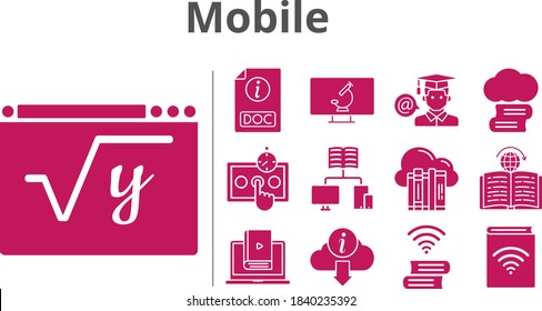 mobile set. included audiobook, test, student, learn, maths, book, learning, microscope, cloud library, cloud, school, doc, information icons. filled styles.