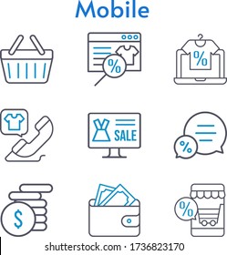 mobile set. included online shop, wallet, money, chat, phone call, shopping-basket icons. bicolor styles.