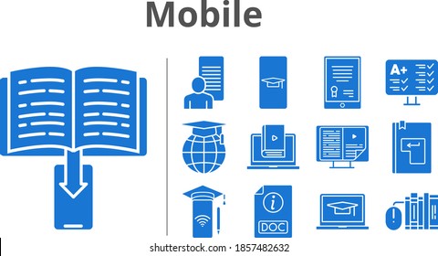 mobile set. included student-smartphone, tablet, study, student-laptop, books, ebook, smartphone, test, school, learn, doc, enter icons. filled styles.