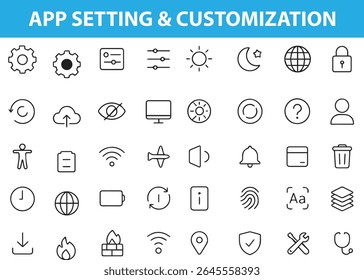 Configurações móveis e ícones de personalização, engrenagem, alternar, exibição, controle de aplicativo, notificação, som e muito mais, fornecidos em EPS editável, formatos JPG 