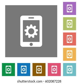 Mobile settings flat icons on simple color square backgrounds