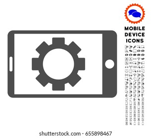 Mobile Settings Gear icon with mobile glyph set. Vector illustration style is a flat iconic symbol, gray colors. Designed for web and software interfaces.