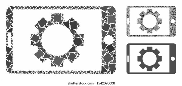 Mobile settings gear mosaic of inequal pieces in different sizes and color tinges, based on mobile settings gear icon. Vector irregular pieces are united into mosaic.