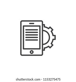 Mobile settings outline icon. linear style sign for mobile concept and web design. Smartphone and gear simple line vector icon. Symbol, logo illustration. Pixel perfect vector graphics