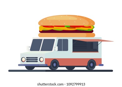 Mobile shop for hamburger and fast food sale. Flat vector illustration.